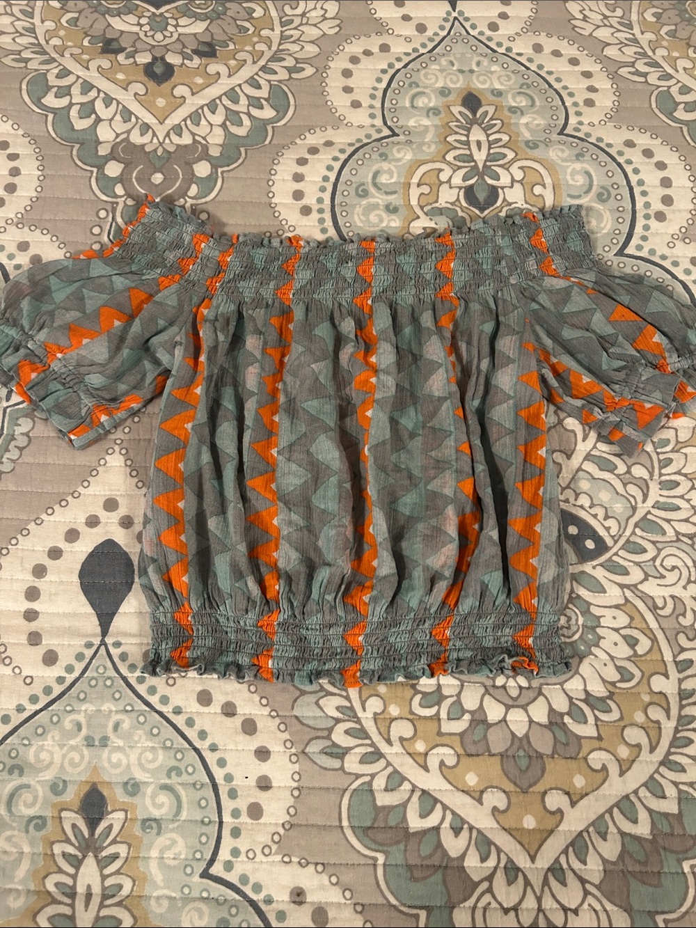 Anthropologie Teal Crop Off-Shoulder Top with Orange Trim
